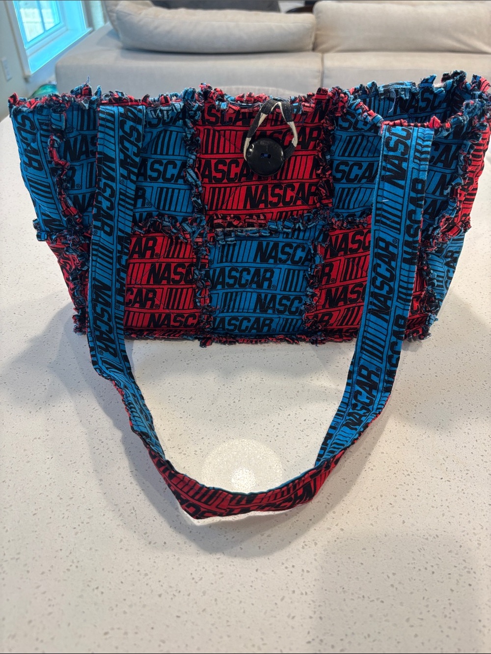 Custom NASCAR Rag Quilt Tote Bag – Red & Blue Upcycled Racing Shoulder Bag